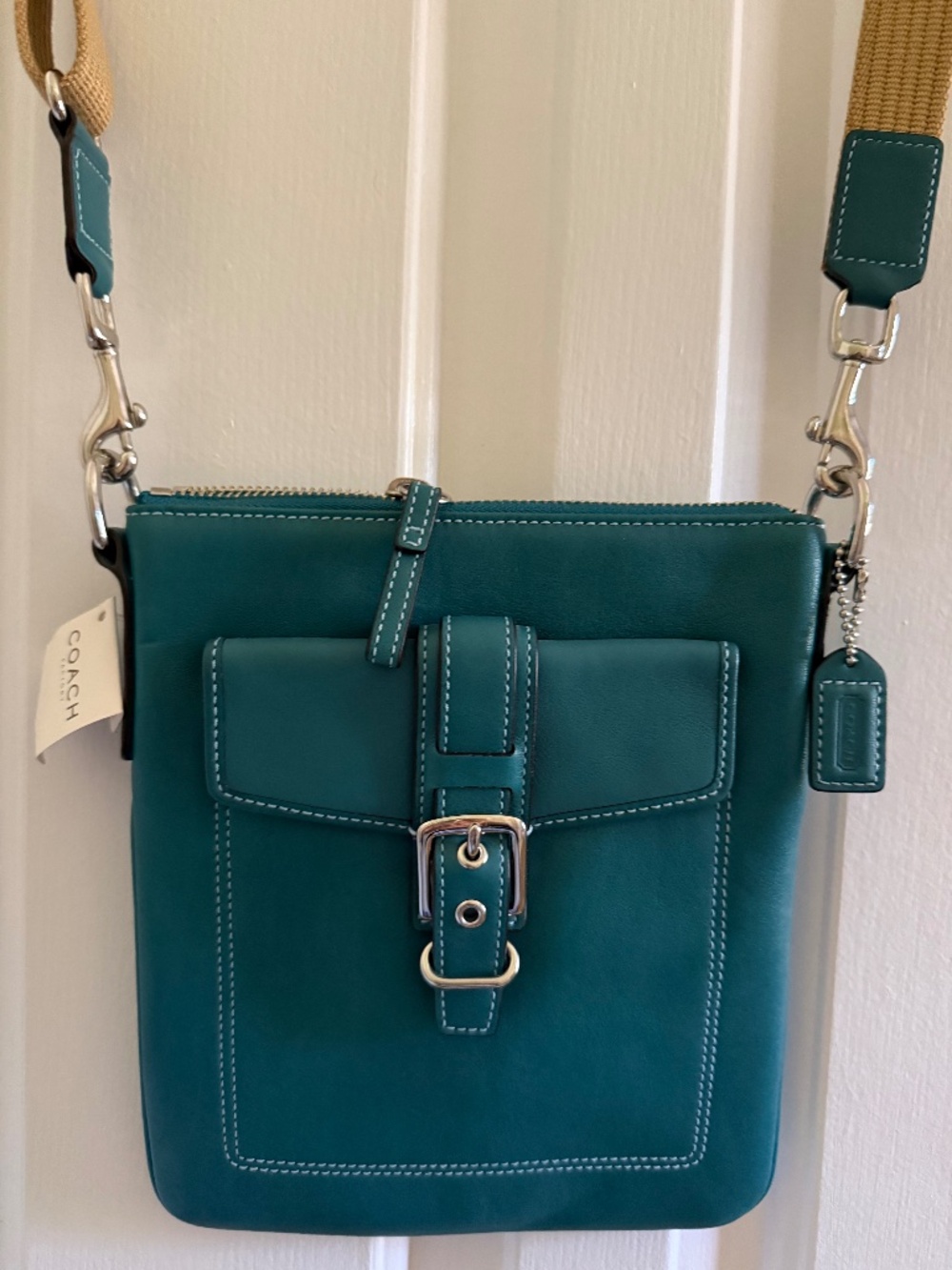 LOOK! NEW RETRO COACH  PEACOCK BLUE LEATHER SWING BAG! HARD TO FIND Y2K